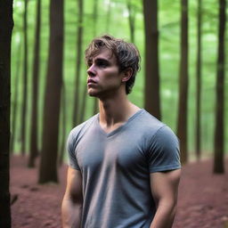 A heartbroken, sexy, fit young man resembling Zachary Ty Bryan with dark blonde hair, standing alone in the woods during early morning