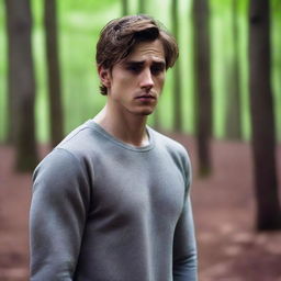 A heartbroken, sexy, fit young man resembling Zachary Ty Bryan with dark blonde hair, standing alone in the woods during early morning