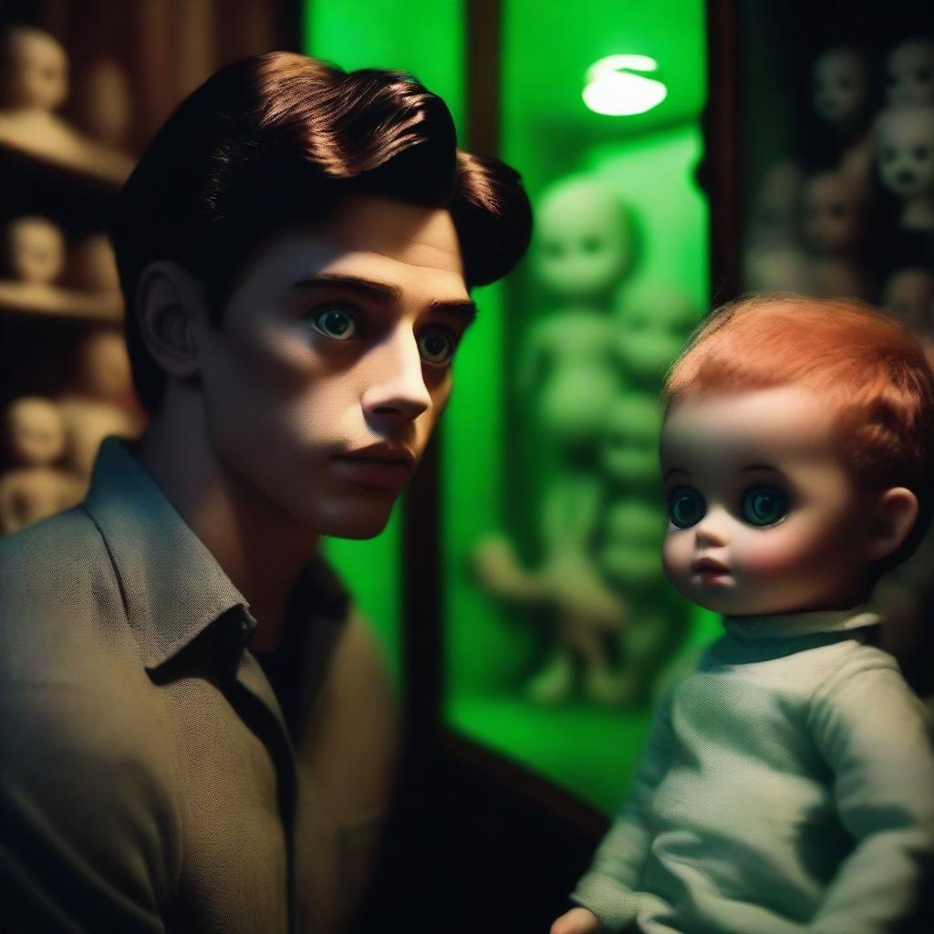 A hot, sexy young man looking terrified in a dark, creepy doll shop