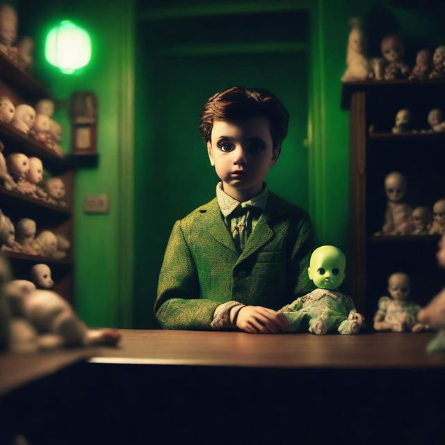 A hot, sexy young man looking terrified in a dark, creepy doll shop