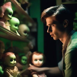 A hot, sexy young man looking terrified in a dark, creepy doll shop