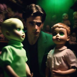 A hot, sexy young man looking terrified in a dark, creepy doll shop