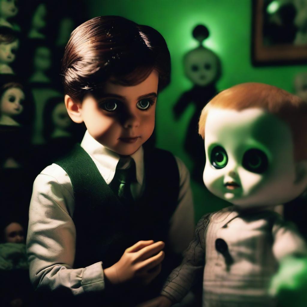 An extremely sexy young man looking terrified in a dark, creepy doll shop