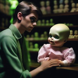 An extremely sexy young man looking terrified in a dark, creepy doll shop