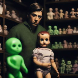 An extremely sexy young man looking terrified in a dark, creepy doll shop