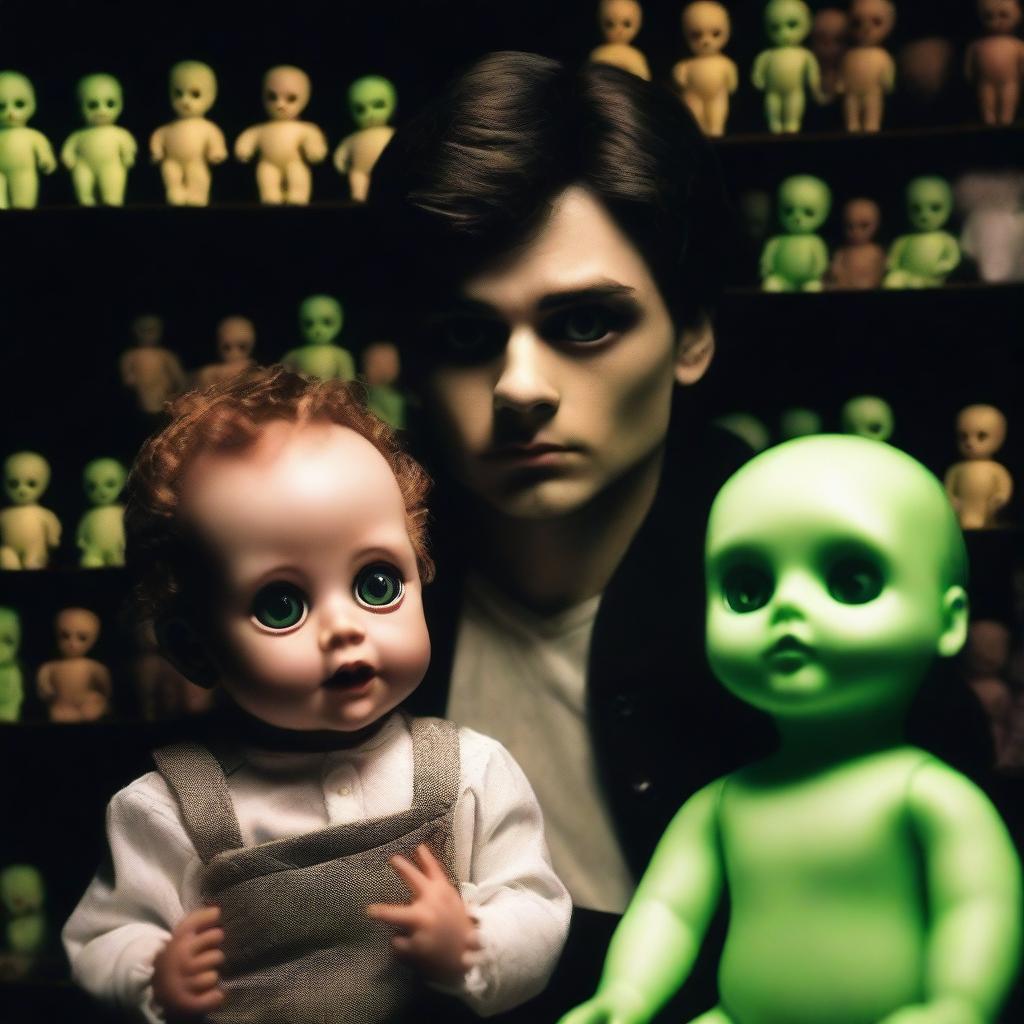 An extremely sexy young man looking terrified in a dark, creepy doll shop