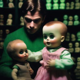 An extremely sexy young man looking terrified in a dark, creepy doll shop