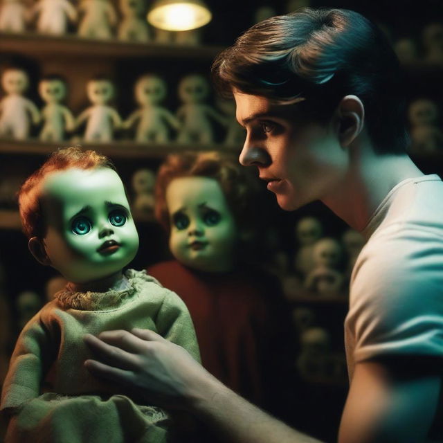 An extremely sexy young man looking terrified in a dark, creepy doll shop