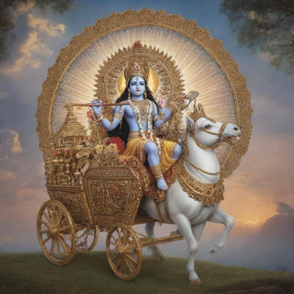 Lord Krishna in a majestic chariot adorned with divine symbols, against a serene and mystical backdrop.