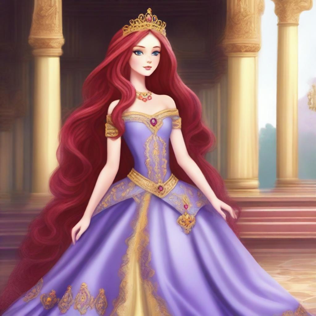 Create a serious princess with long red hair, one yellow eye, and one purple eye