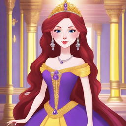 Create a serious princess with long red hair, one yellow eye, and one purple eye