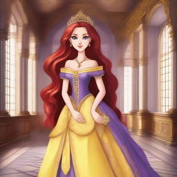 Create a serious princess with long red hair, one yellow eye, and one purple eye