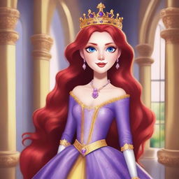 Create a serious princess with long red hair, one yellow eye, and one purple eye