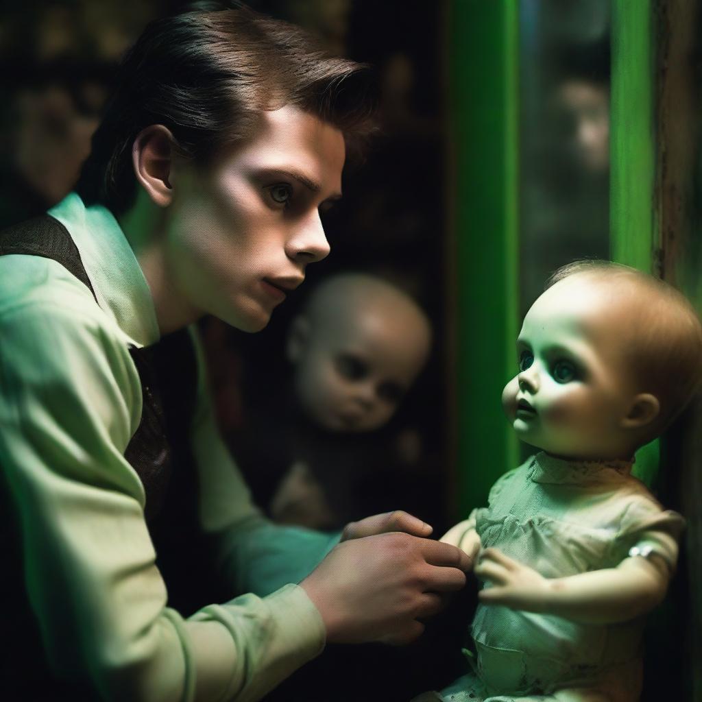 An extremely sexy young man looking absolutely terrified in an old, dark, creepy doll shop