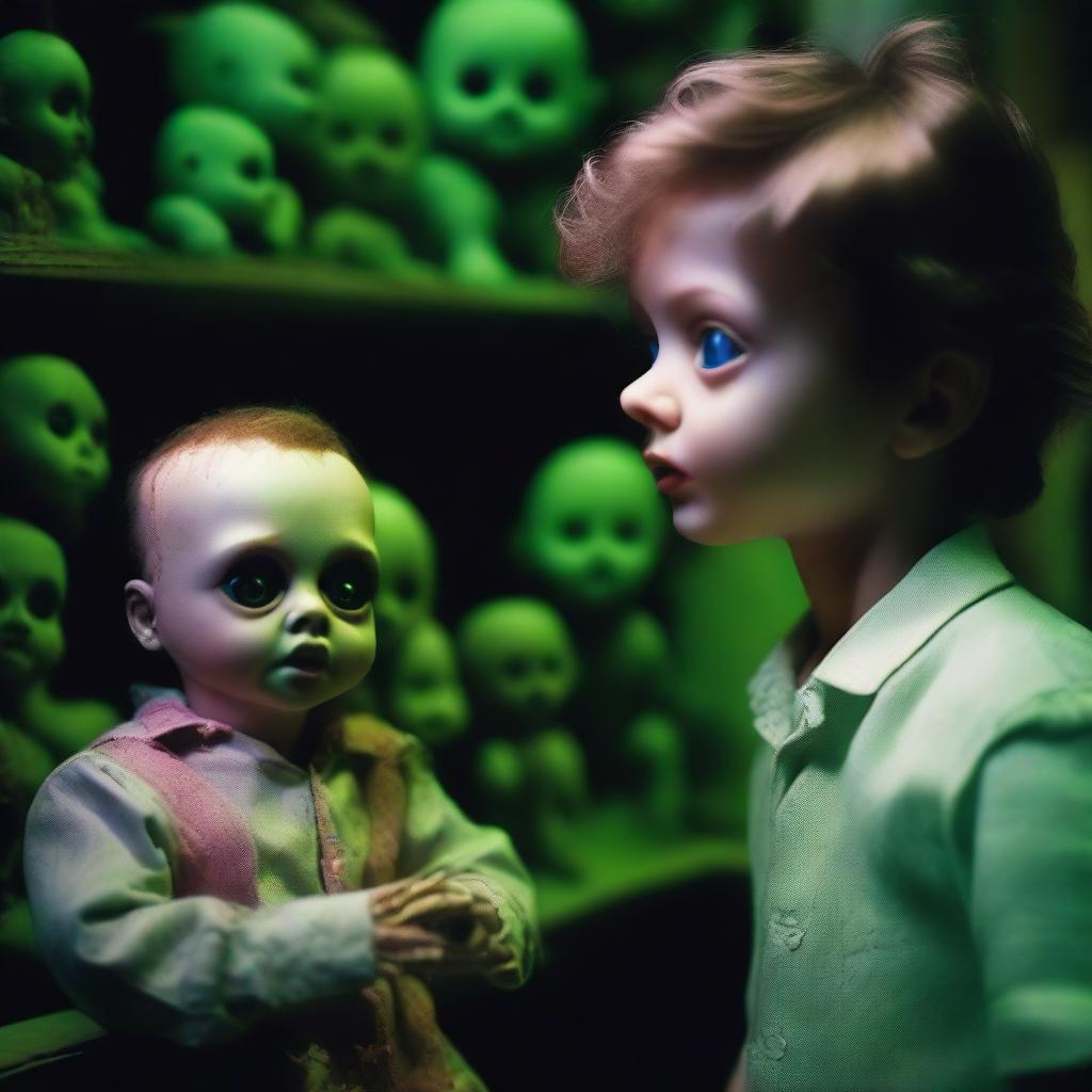 An extremely sexy young man looking absolutely terrified in an old, dark, creepy doll shop