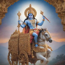 Lord Krishna in a majestic chariot adorned with divine symbols, against a serene and mystical backdrop.