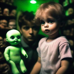 An extremely sexy young man looking absolutely terrified in an old, dark, creepy doll shop