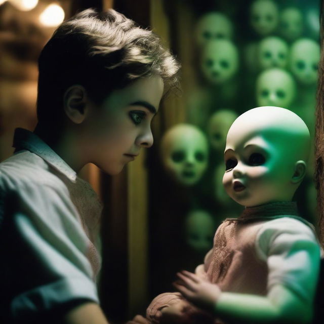 An extremely sexy young man looking absolutely terrified in an old, dark, creepy doll shop