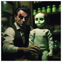 An extremely sexy man looking absolutely terrified in an old, dark, creepy doll shop