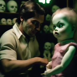 An extremely sexy man looking absolutely terrified in an old, dark, creepy doll shop