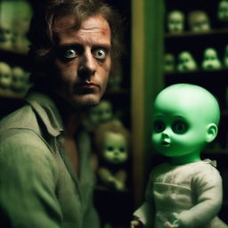 An extremely sexy man looking absolutely terrified in an old, dark, creepy doll shop