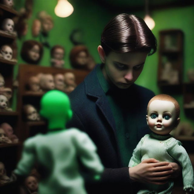 A perfectly normal yet sexy young man looking absolutely terrified in an old, dark, creepy doll shop