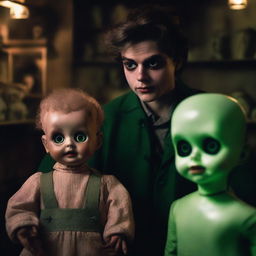 A perfectly normal yet sexy young man looking absolutely terrified in an old, dark, creepy doll shop