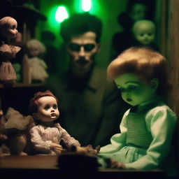 A perfectly normal yet sexy young man looking absolutely terrified in an old, dark, creepy doll shop