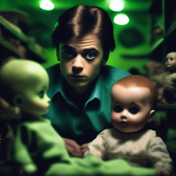 A hot, attractive, sexy young man looking terrified in an old, dark, creepy doll shop