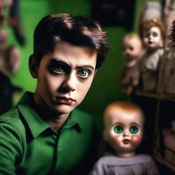 A hot, attractive, sexy young man looking terrified in an old, dark, creepy doll shop