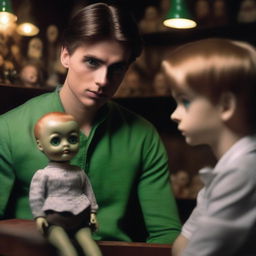 A hot, attractive, sexy young man looking terrified in an old, dark, creepy doll shop