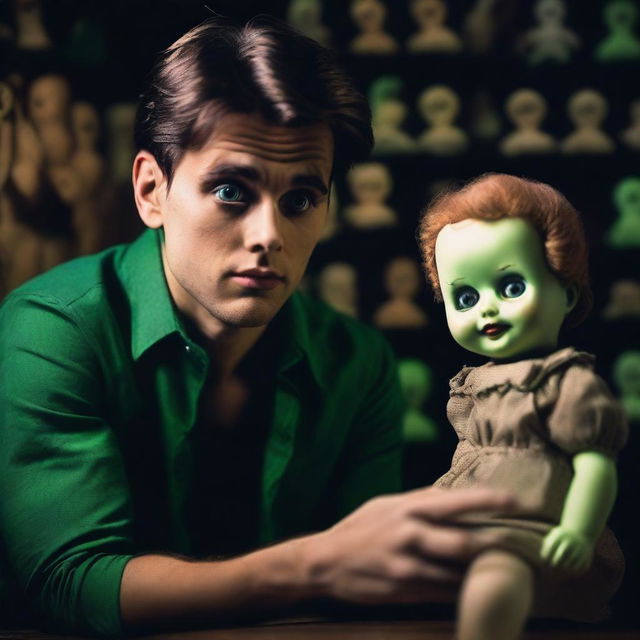 A hot, attractive, sexy young man looking terrified in an old, dark, creepy doll shop