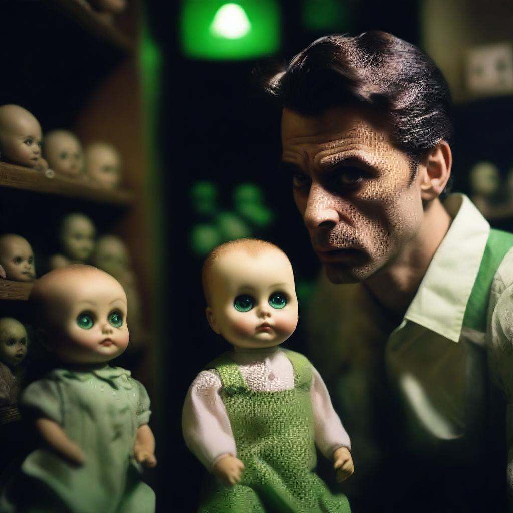 A hot, attractive, sexy man looking terrified in an old, dark, creepy doll shop