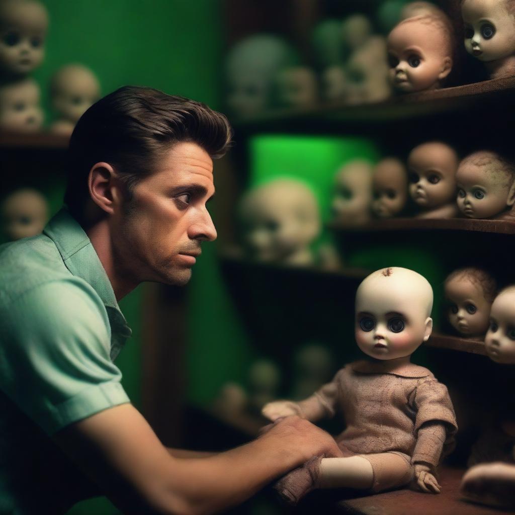 A hot, attractive, sexy man looking terrified in an old, dark, creepy doll shop