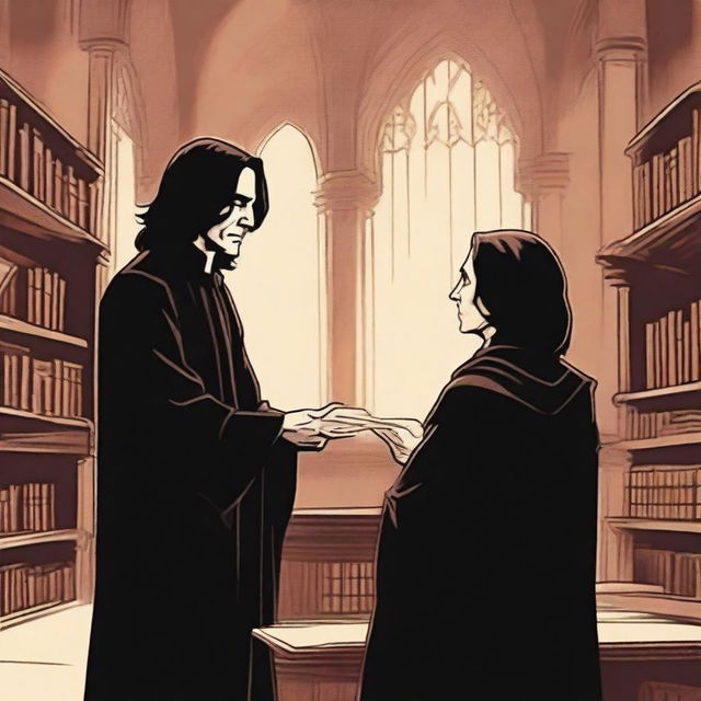 Tiago Potter e Severus Snape discutindo em um ambiente mágico, com varinhas em mãos e expressões intensas