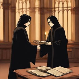 Tiago Potter e Severus Snape discutindo em um ambiente mágico, com varinhas em mãos e expressões intensas