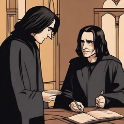 Tiago Potter e Severus Snape discutindo em um ambiente mágico, com varinhas em mãos e expressões intensas