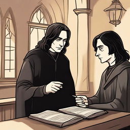 Tiago Potter e Severus Snape discutindo em um ambiente mágico, com varinhas em mãos e expressões intensas