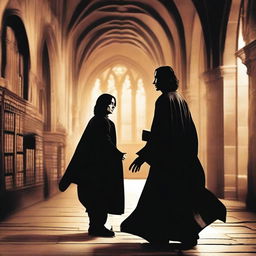 Tiago Potter e Severus Snape brigando intensamente em um ambiente mágico