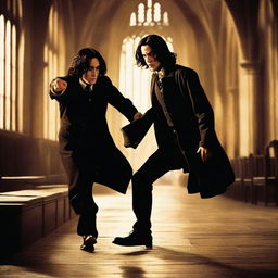 Tiago Potter e Severus Snape brigando intensamente em um ambiente mágico