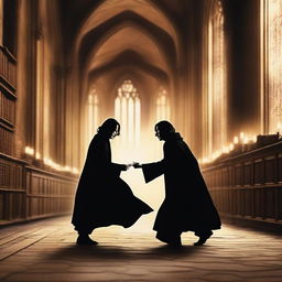 Tiago Potter e Severus Snape brigando intensamente em um ambiente mágico