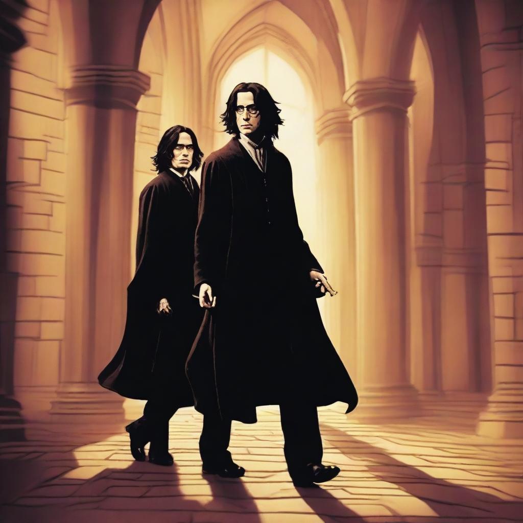 James Potter e Severus Snape brigando intensamente em um ambiente mágico