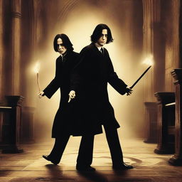 James Potter e Severus Snape brigando intensamente em um ambiente mágico