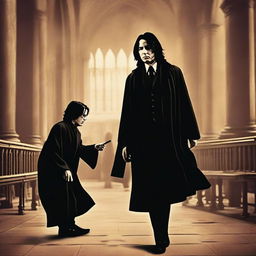 James Potter e Severus Snape brigando intensamente em um ambiente mágico