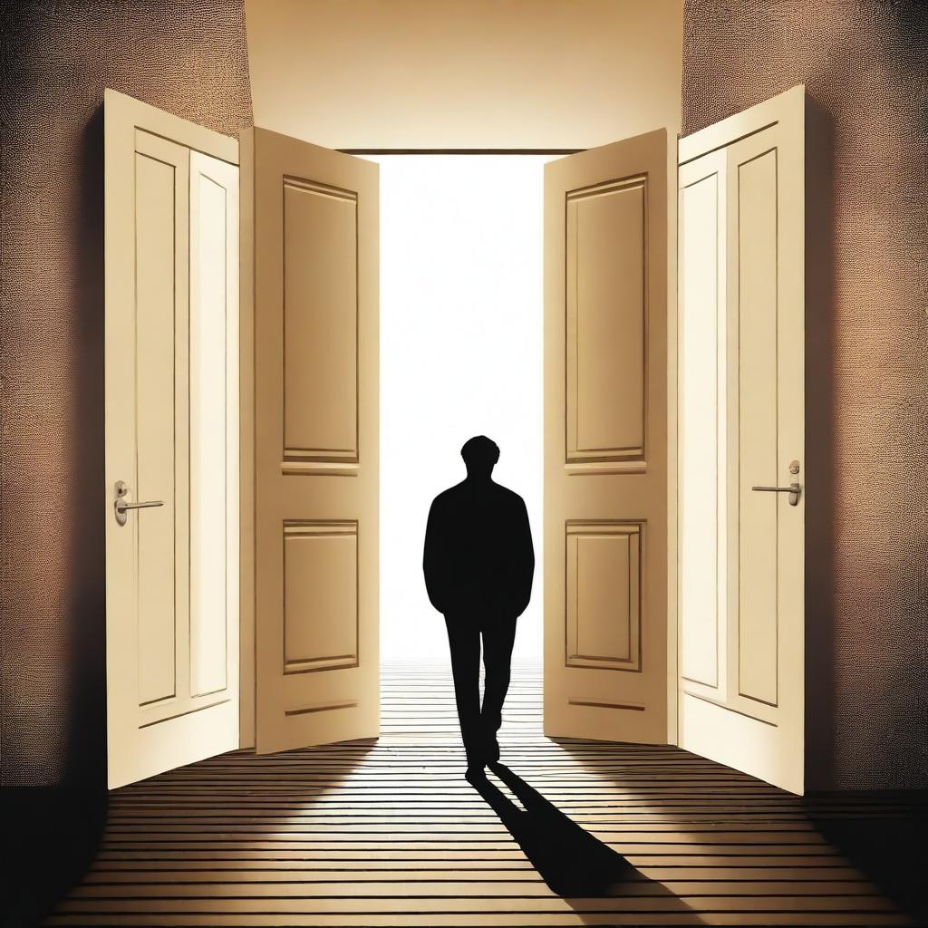 Create an image of a man walking on a path lined with doors, some of which are ajar