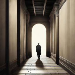 Create an image of a man walking on a path lined with doors, some of which are ajar