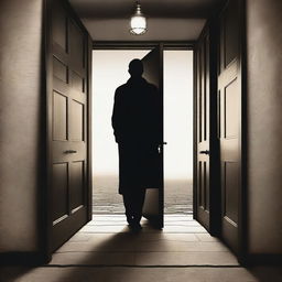 Create an image of a man walking on a path lined with doors, some of which are ajar