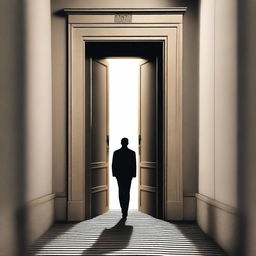 Create an image of a man walking on a path lined with doors, some of which are ajar