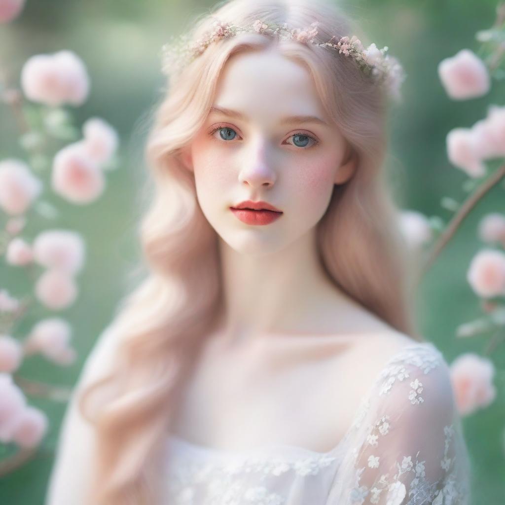 Create an image of a pale girl with fair skin, delicate features, and light hair