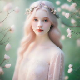 Create an image of a pale girl with fair skin, delicate features, and light hair